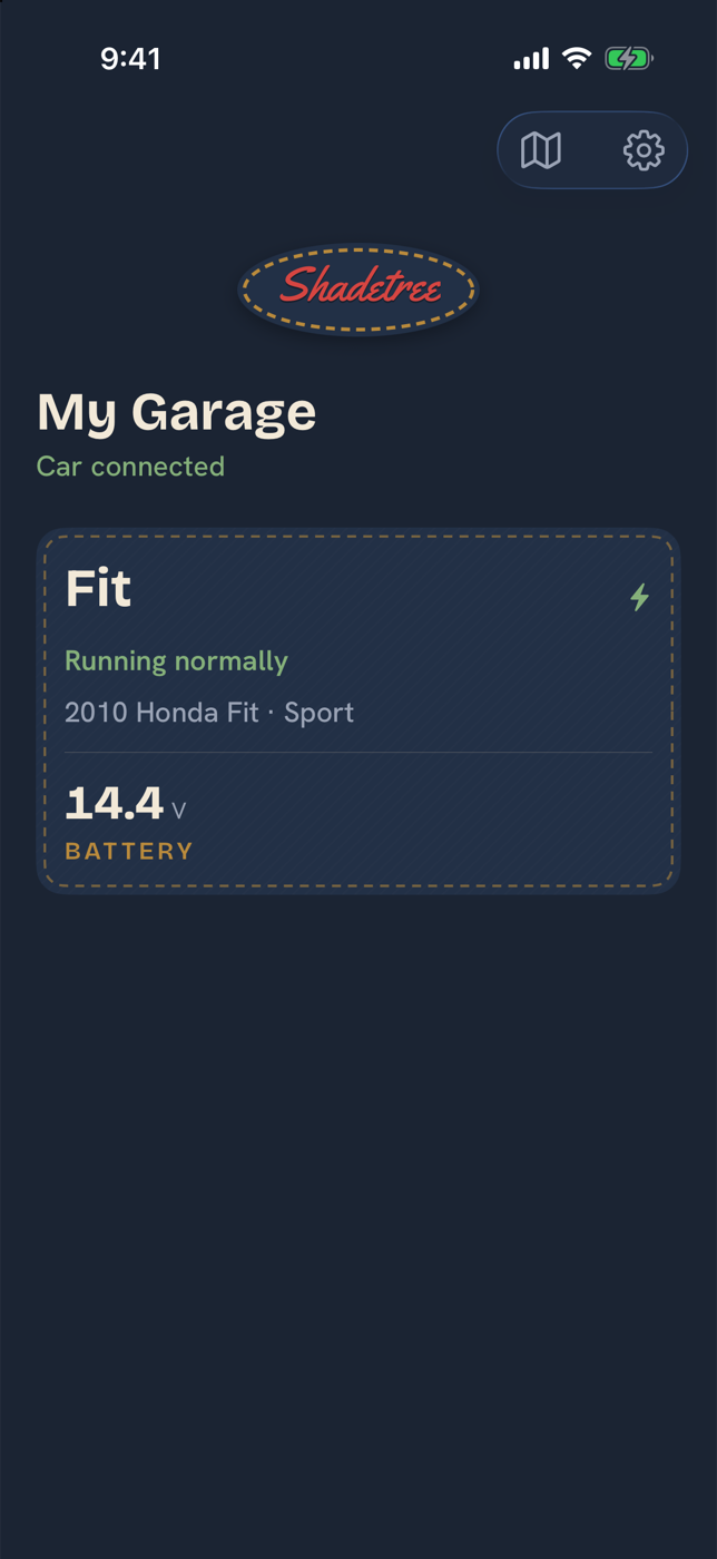 Shadetree garage screen showing a 2010 Honda Fit running normally with battery voltage