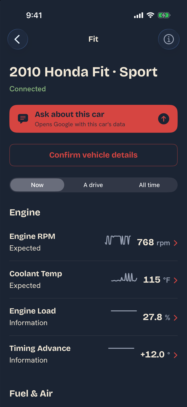 Live engine readings with expected ranges and the Ask about this car button